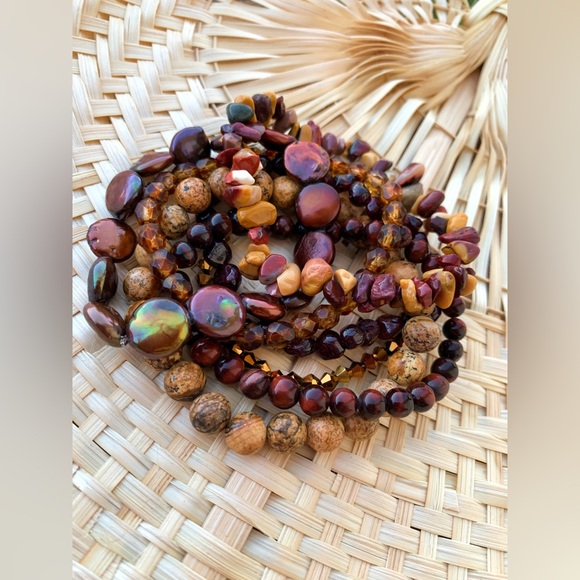 Natural Dark Red Garnet & Gold Jasper Mookaite Mix Gemstone Bead Bracelet Stack - Picture 9 of 11
